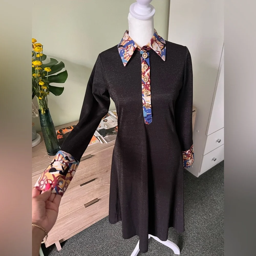 Modest Black Glitter & Vintage Floral Antique Gold Button Fit & Flare Dress Sz S - Picture 4 of 16